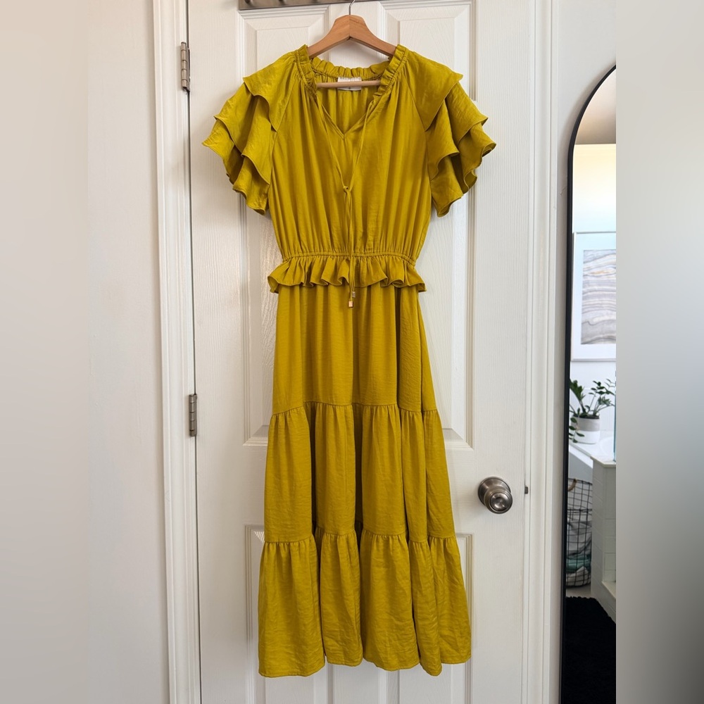 Red Dress Boutique - Aura Mustard Midi Dress with Ruffles & Pockets